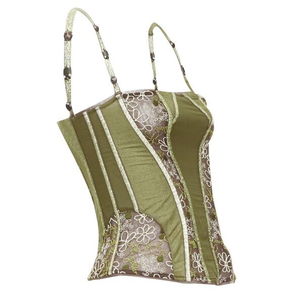 rare JOHN GALLIANO Vintage green gold sheer lace boned bustier corset top S - Picture 3 of 9